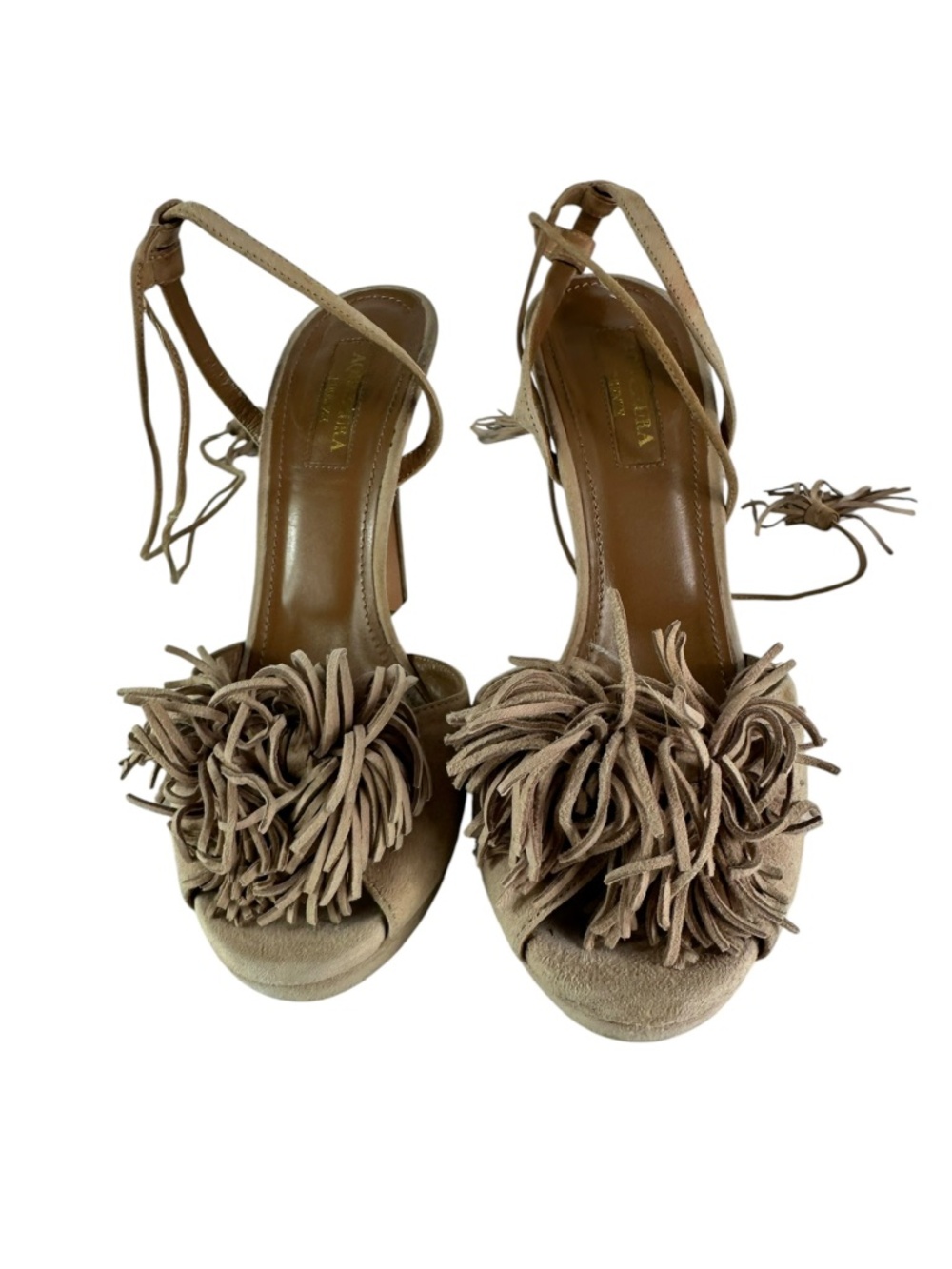 AQUAZZURA Tan Fringe Suede Lace Up Heels For Women's Size 36 6